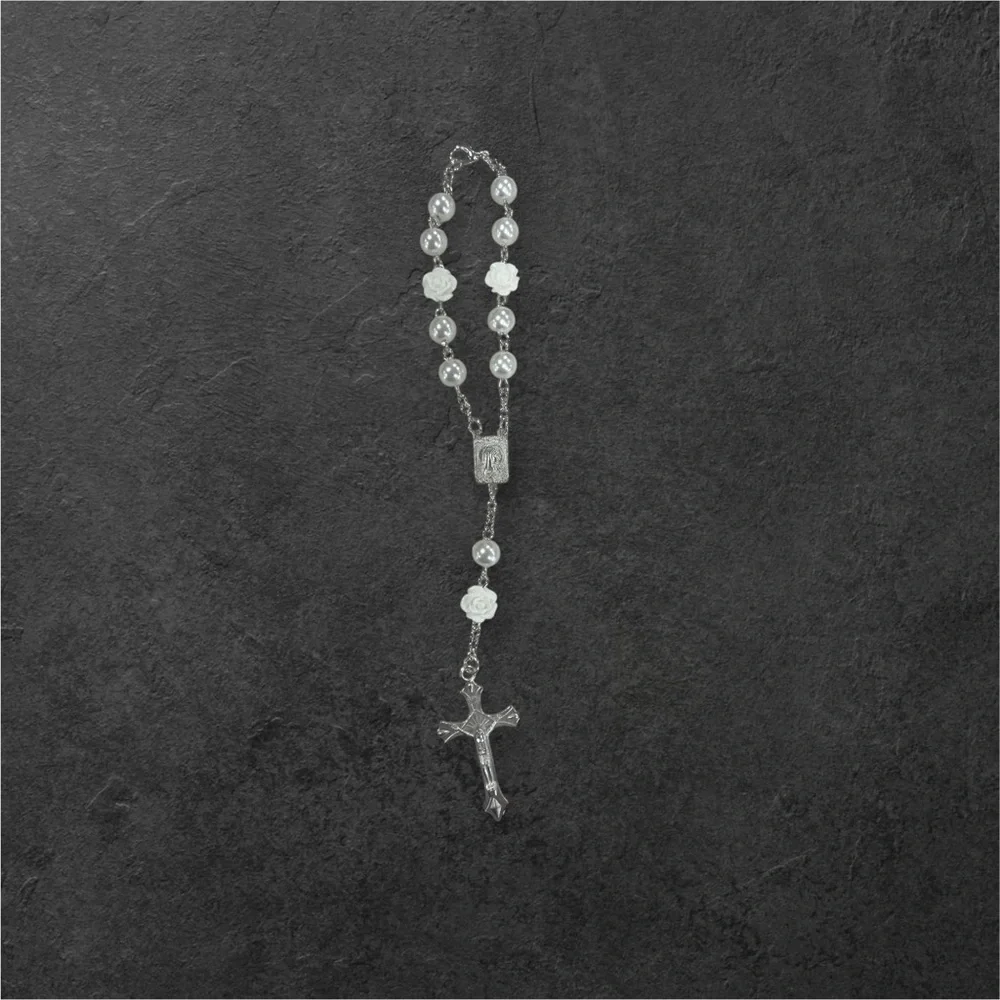 5 Decade Rosary Prayer Faux Pearl Bead Bracelet